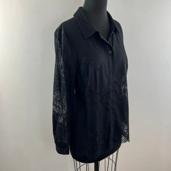 CABI St. Regis Black Blouse Floral Sheer Lace Collared Button-Up Size Medium M - Picture 5 of 11